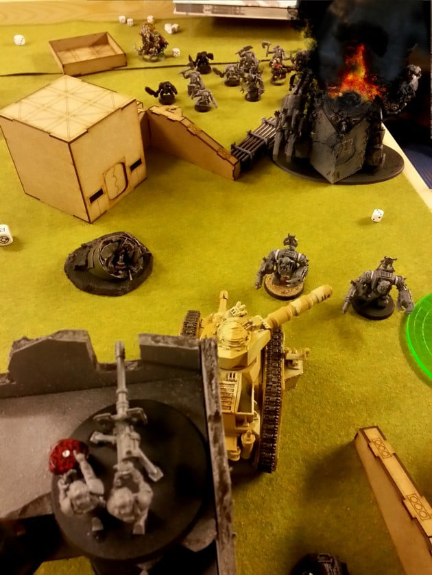 The Lascannon and Russ look out over to the burning Gorkanaut